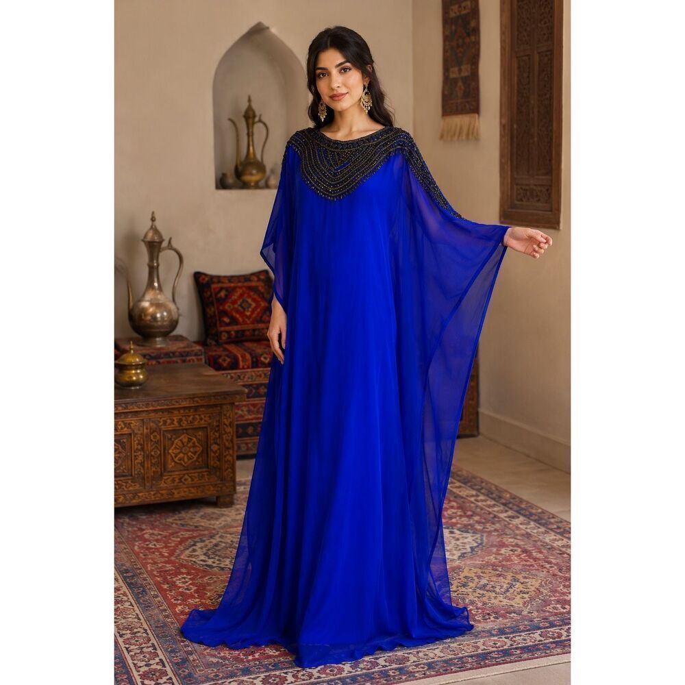Royal blue women’s Islamic Kaftan black beaded embroidery wide long sleeve osfm